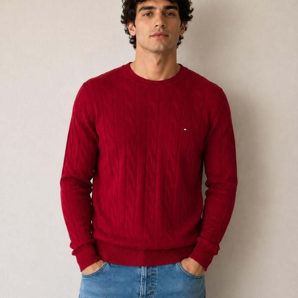 Tommy Hilfiger Red Cable Knit Crewneck Sweater